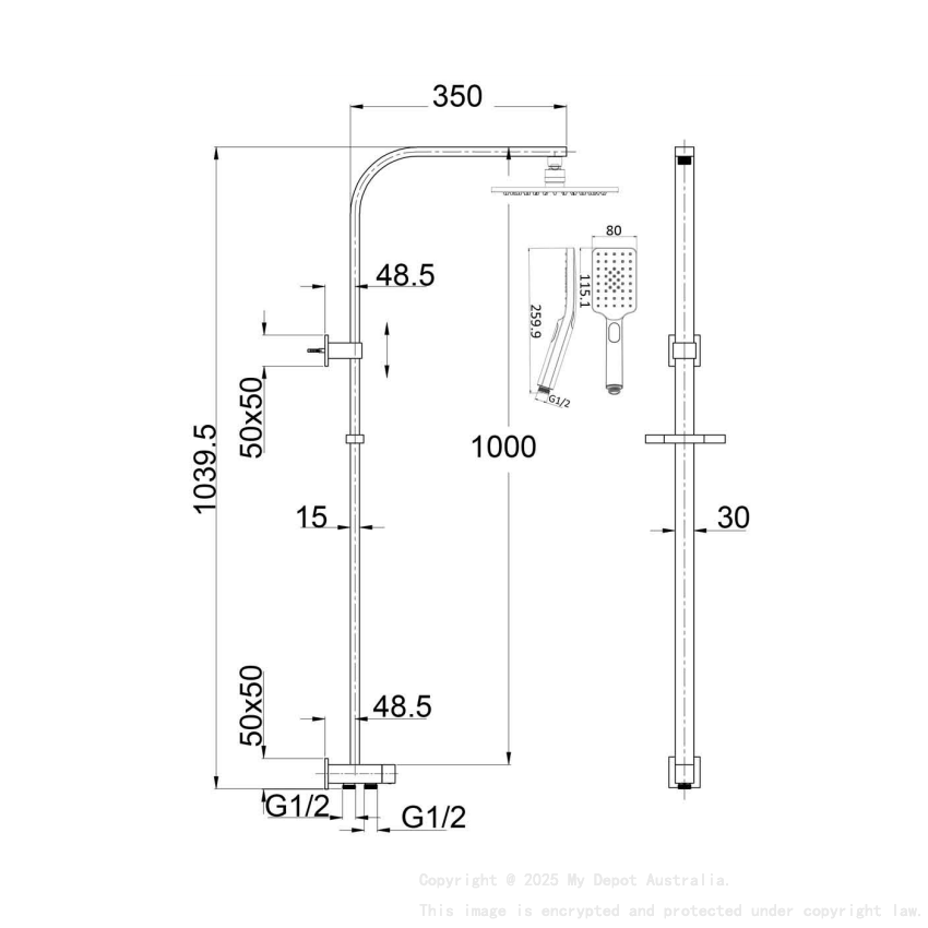 Eden Square Multi-function Shower Set Two Hoses Chrome, 200mm Plastic Shower Head