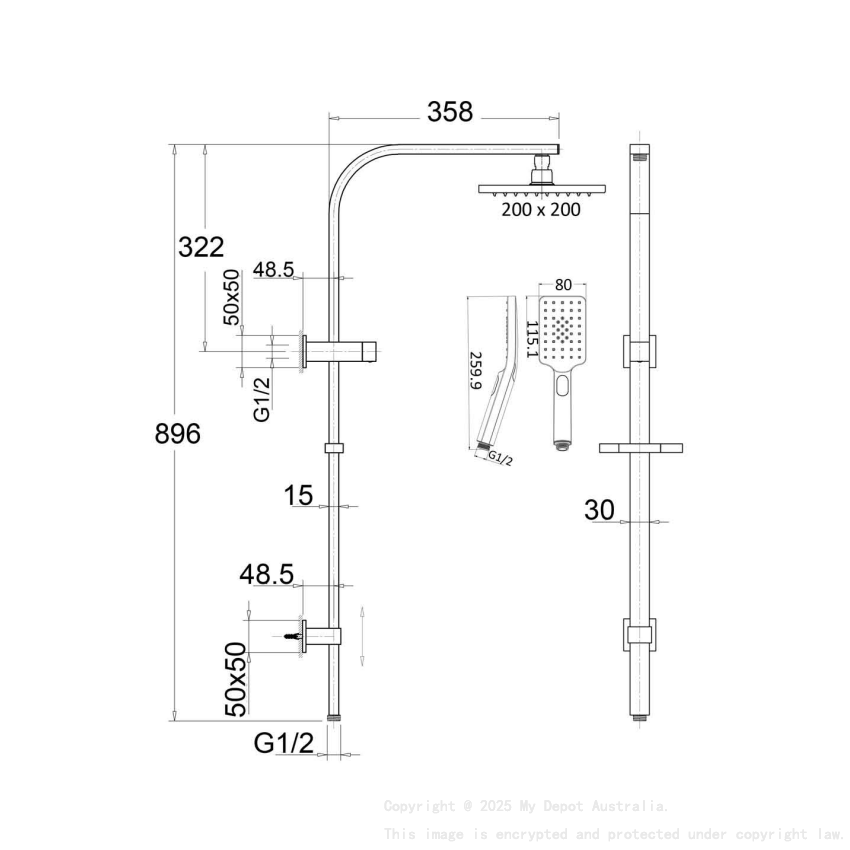 Eden Square Multi-function Shower Set Brushed Nickel, 200mm Plastic Shower Head