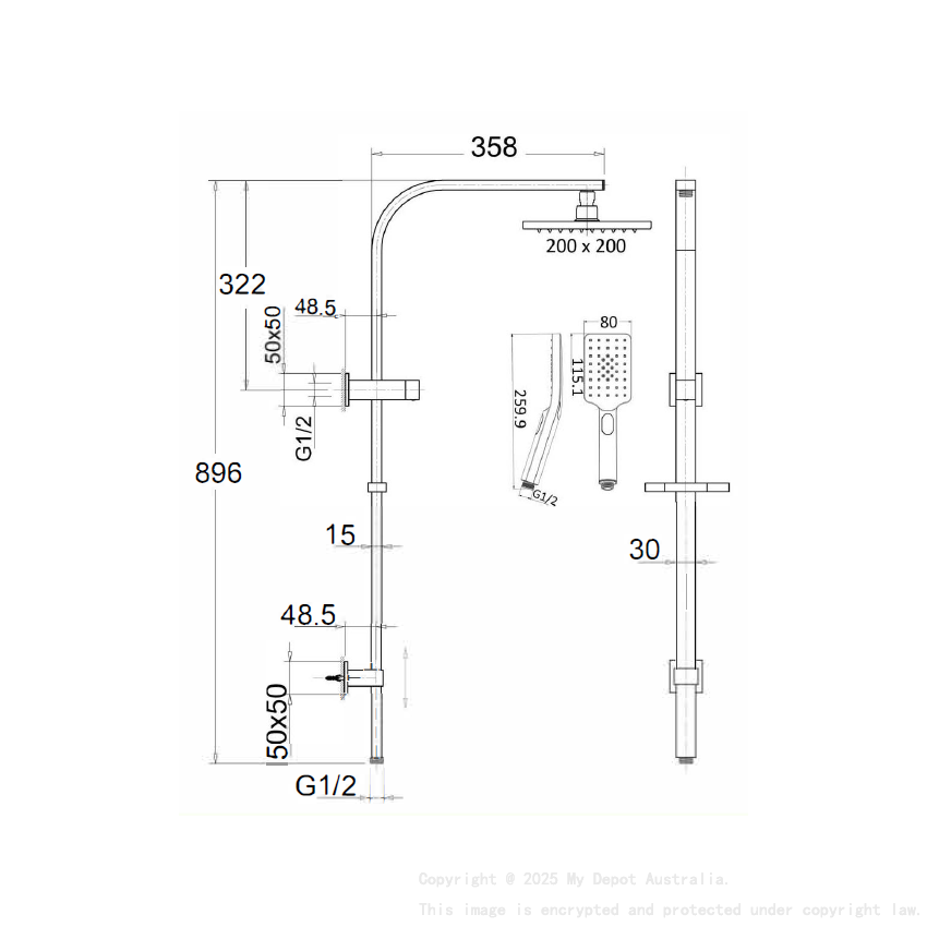 Eden Square Multi-function Shower Set Gun Metal, 200mm Plastic Shower Head