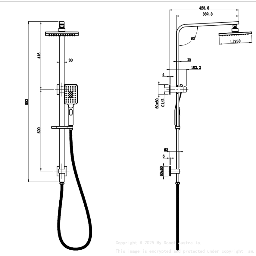 New Eden Square Multi-function Shower Set Matt Black, 250mm Plastic Shower Head