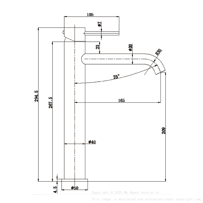 Otus Slimline SS Highrise Basin Mixer Curved Spout in Brushed Gold