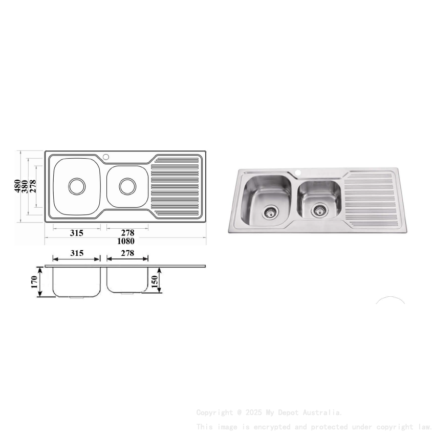 Eden 1 & 3/4 Bowl & Single Drainer 1080 x 480 x 170mm