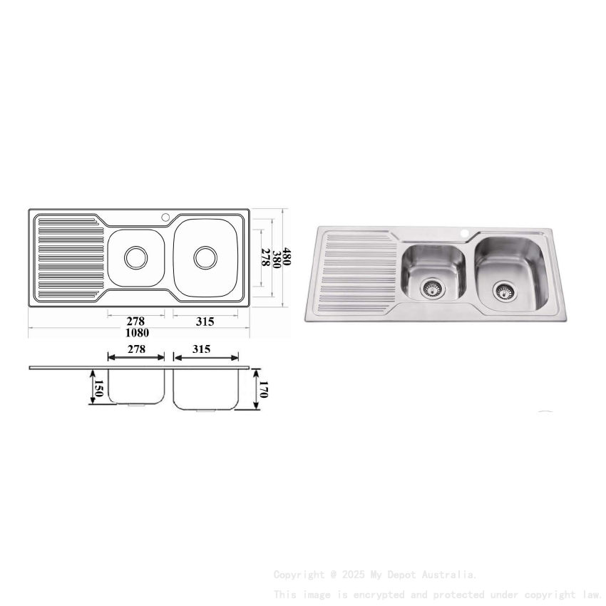 Eden 1 & 3/4 Bowl & Single Drainer 1080 x 480 x 170mm