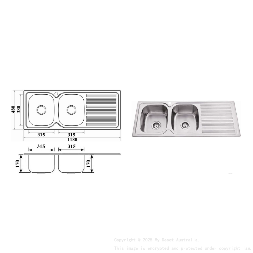 Eden Double Bowl & Single Drainer 1180 x 480 x 170mm