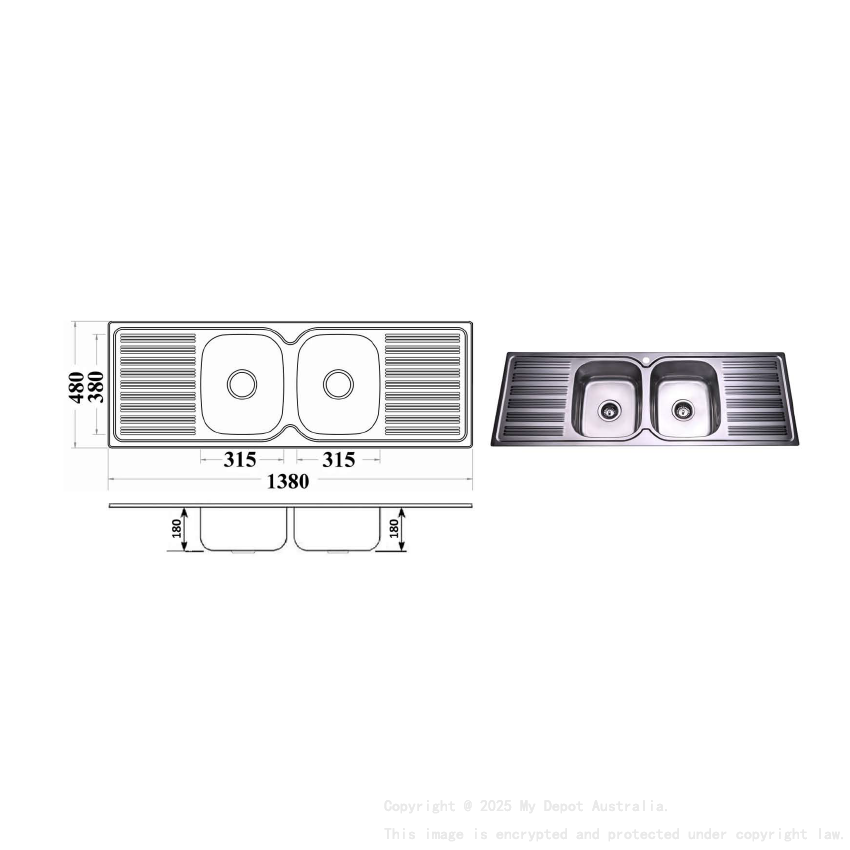 Eden Double Bowl & Double Drainer 1380 x 480 x 180mm