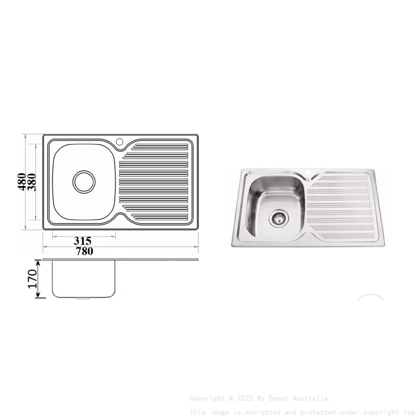 Eden Single Bowl & Single Drainer 780 x 480 x 170mm