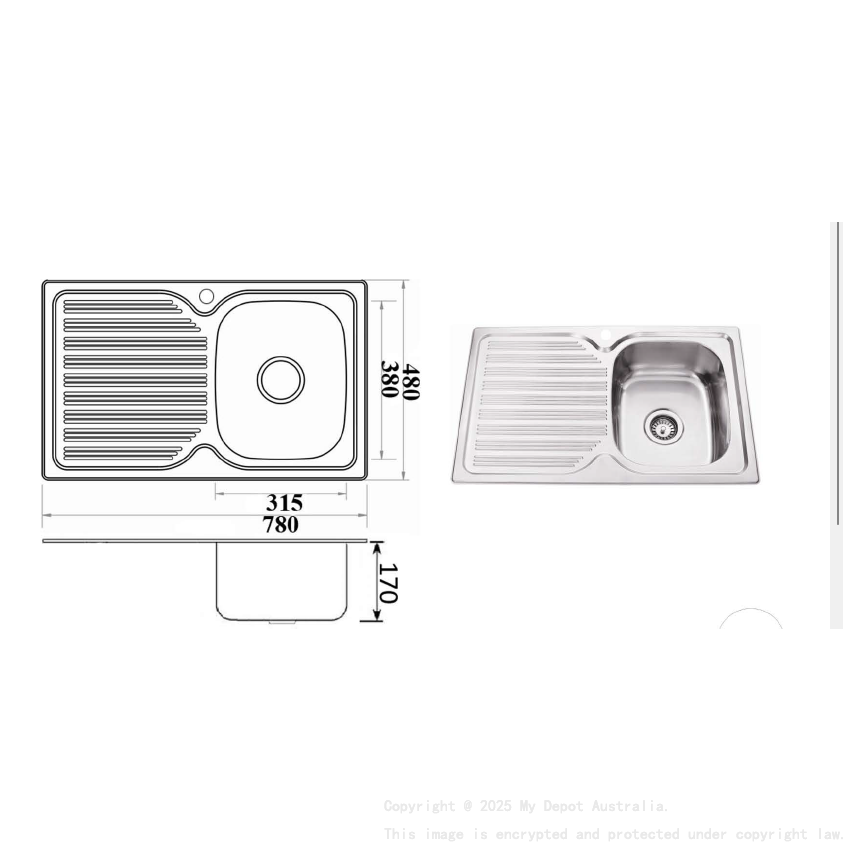 Eden Single Bowl & Single Drainer 780 x 480 x 170mm