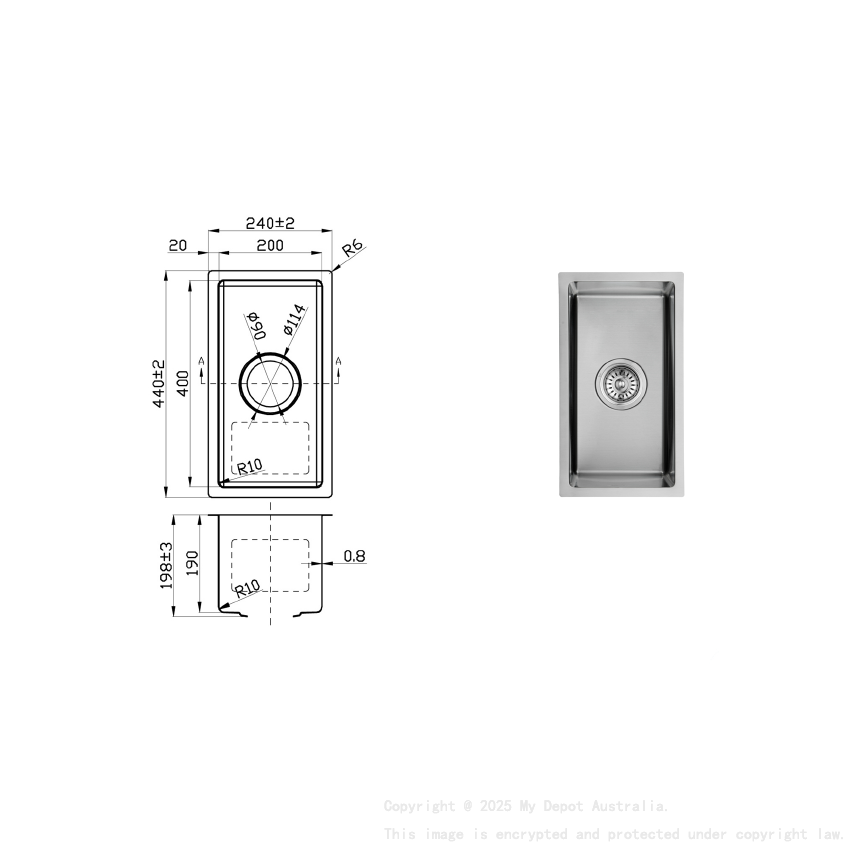 New Cora Above / Undermount Sink 240 x 440 x 200mm