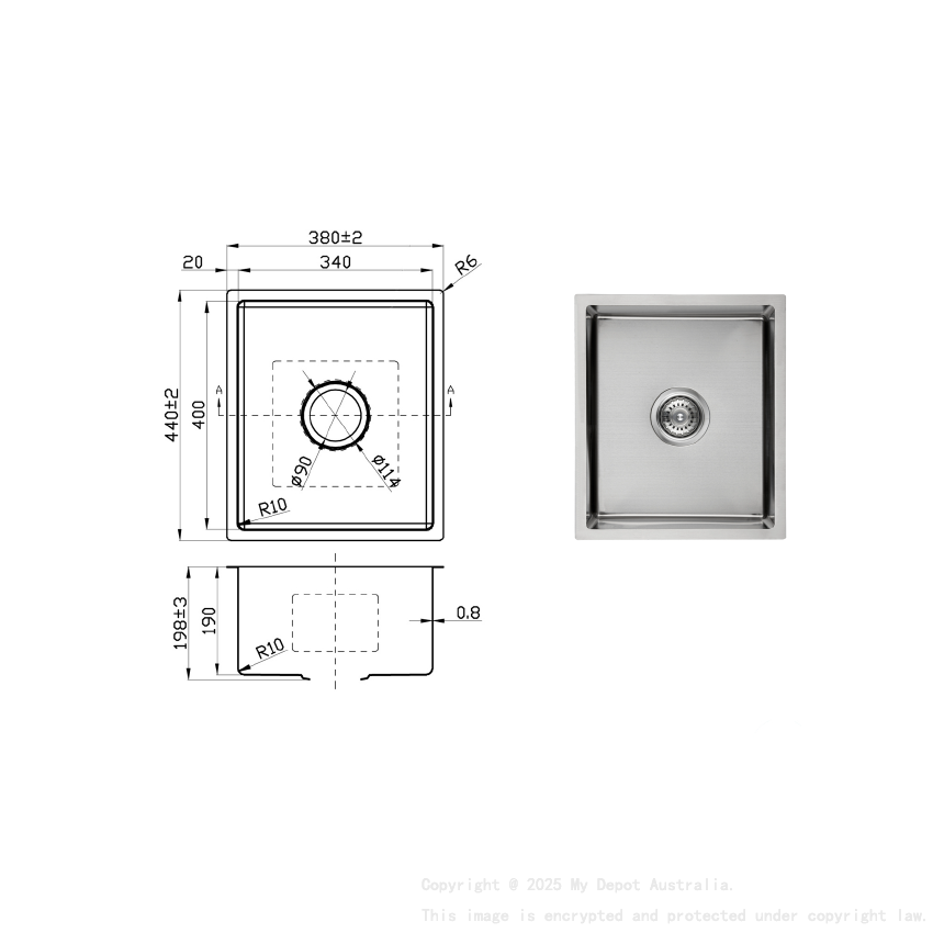 New Cora Above / Undermount Sink 380 x 440 x 200mm