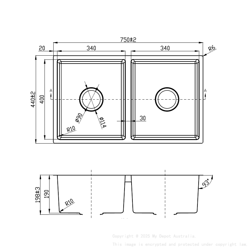 New Cora Double Bowl Above/Undermout Sink 750mm 93 degree 304 Stainless Steel