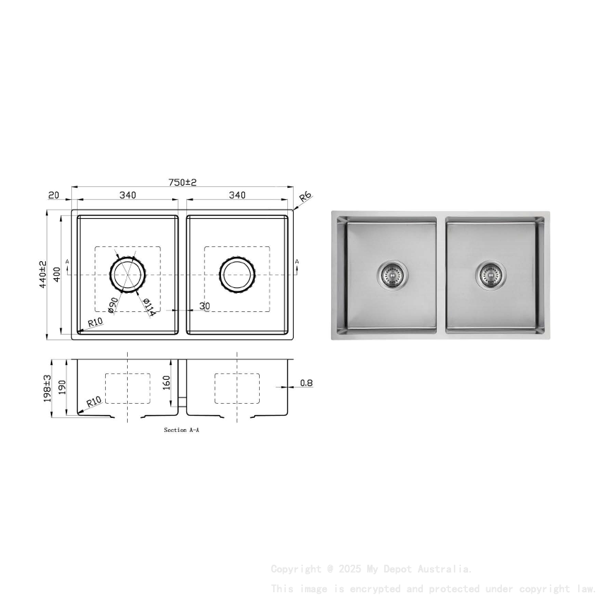 New Cora Above / Undermount Sink 750 x 440 x 200mm