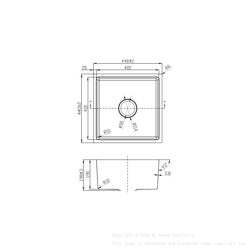 New Cora Square Undermount Sink 440 x 440 x 198mm(304 Stainless Steel)