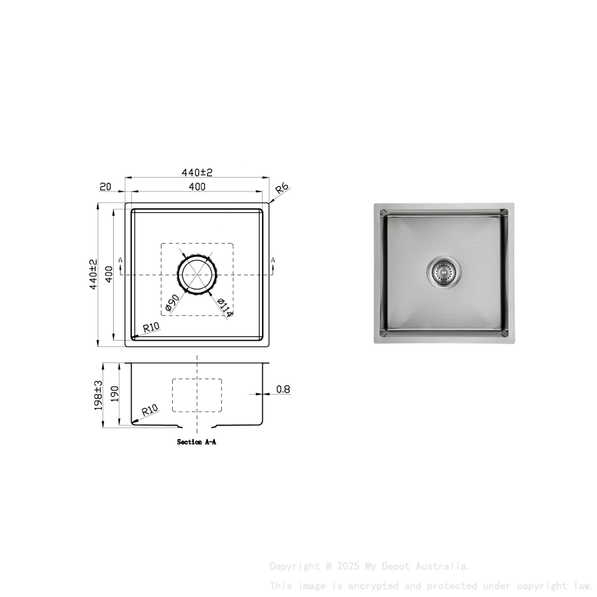 New Cora Above / Undermount Sink 440 x 440 x 200mm