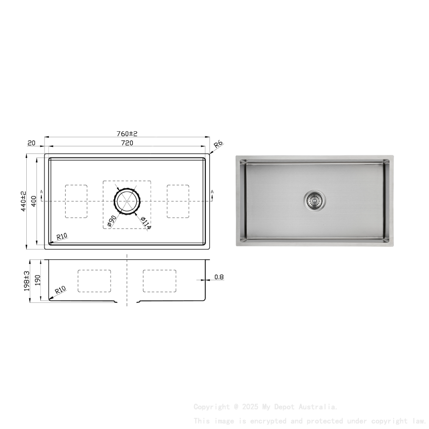 New Cora Above / Undermount Sink 760 x 440 x 200mm