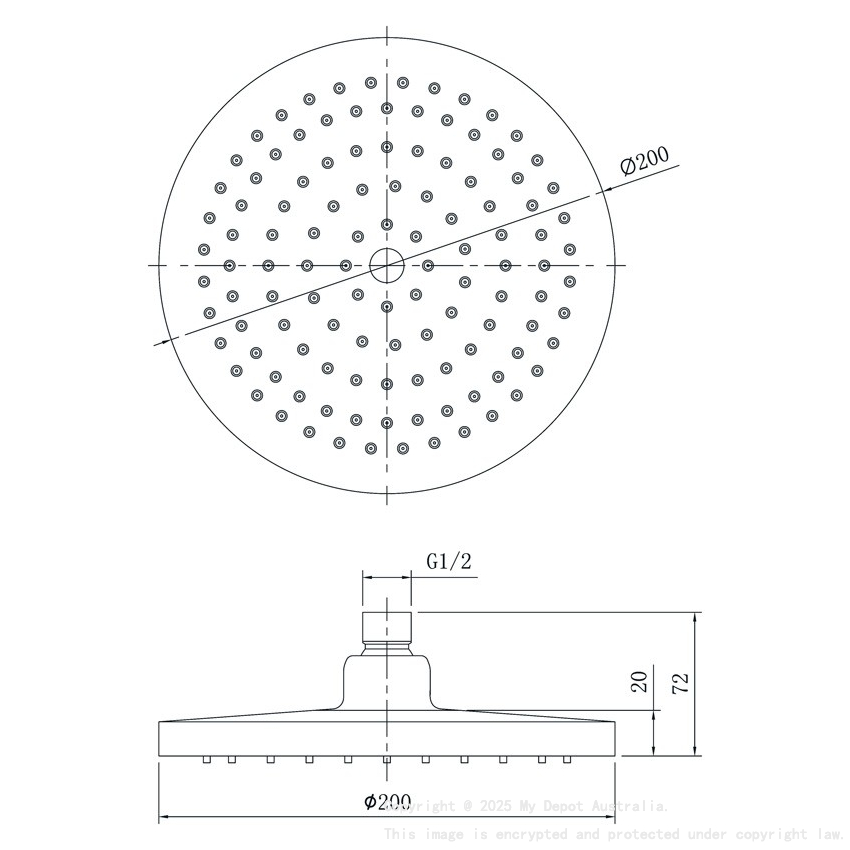 Otus Round Overhead Shower 200mm Brushed Gold