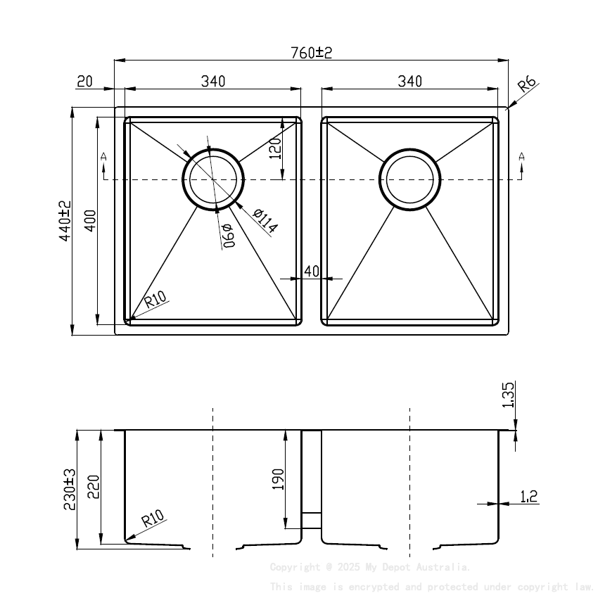 Eden Double Bowl Above/Undermount Sink (R10 Corner),230mm Depth Stainless Steel