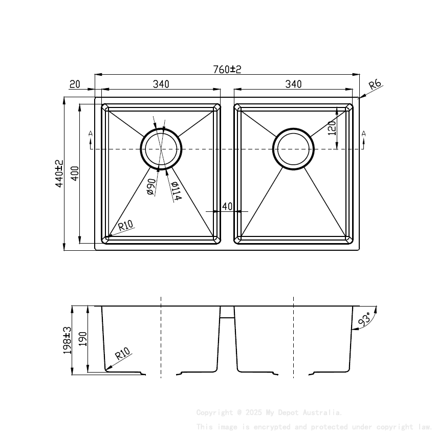 Eden Double Bowl Undermount Sink 720mm  (R10 Corner,93 degree) 304 Stainless Steel 