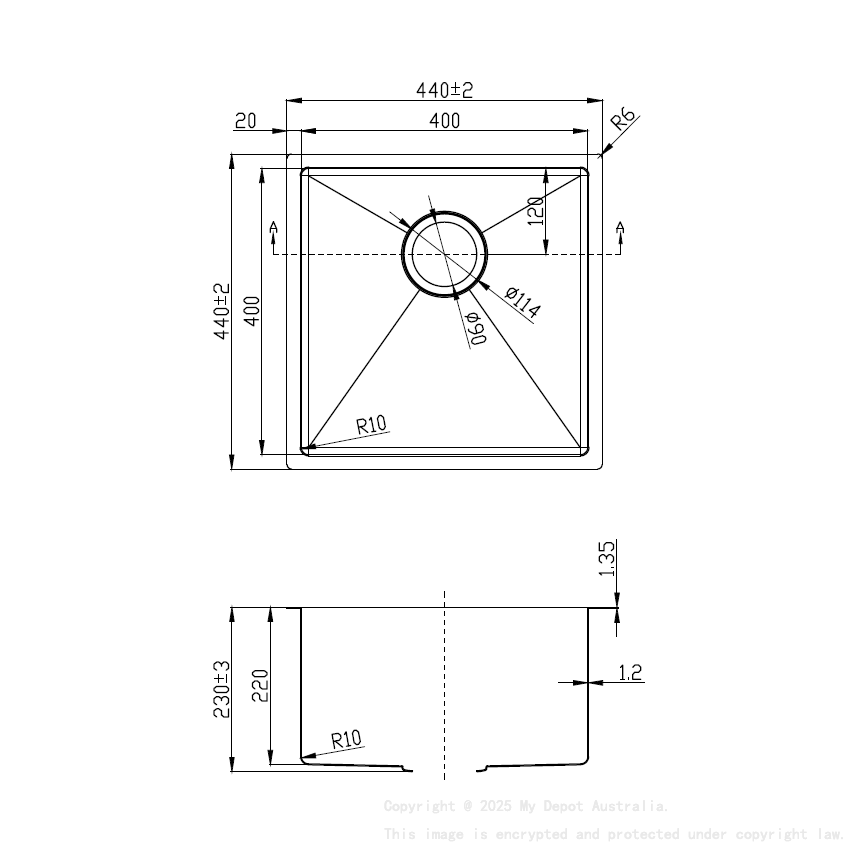 Eden Single Bowl Above/Undermount Sink (R10 Corner),230mm Depth 304 Stainless Steel