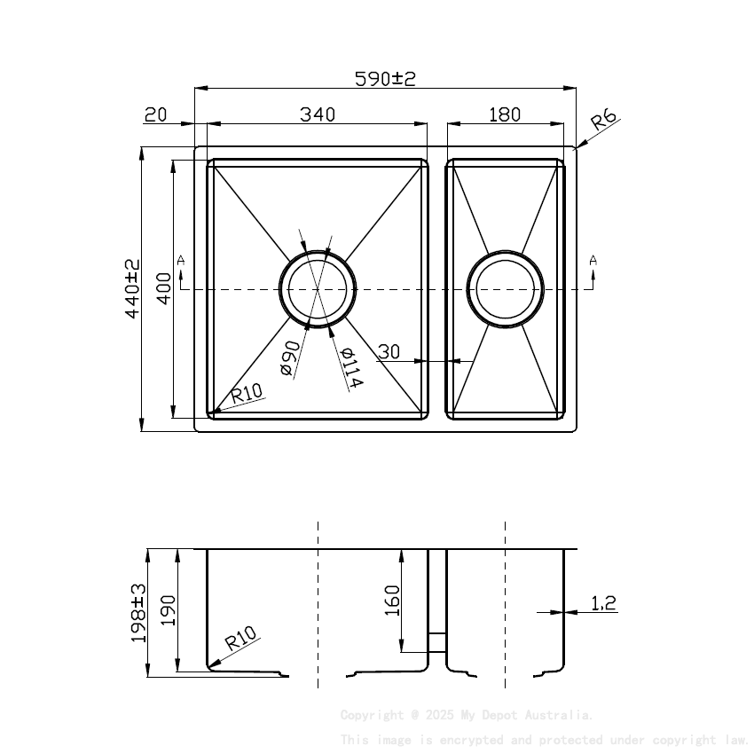 1& 1/2 Bowl Undermount Sink (R10 Corner) 590mm 304 Stainless Steel 