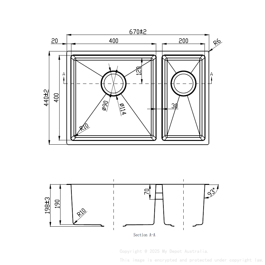New Cora 1.5 Bowl Undermout Sink 670mm 93 degree 304 Stainless Steel