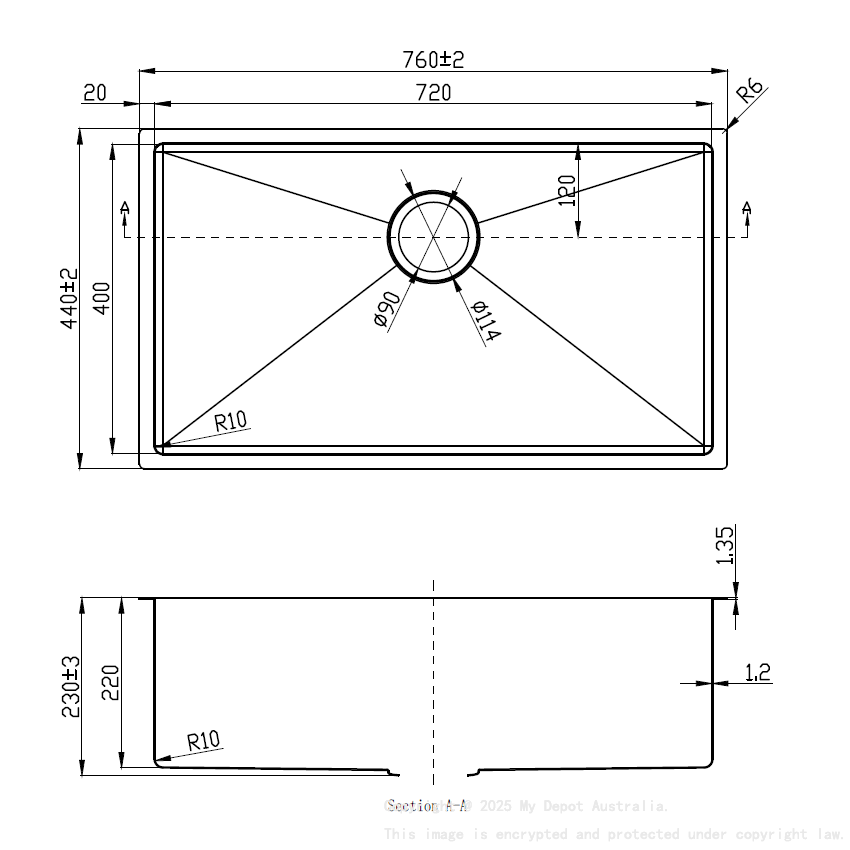 Eden Single Bowl Above/Undermount Sink (R10 Corner),230mm Depth Stainless Steel 