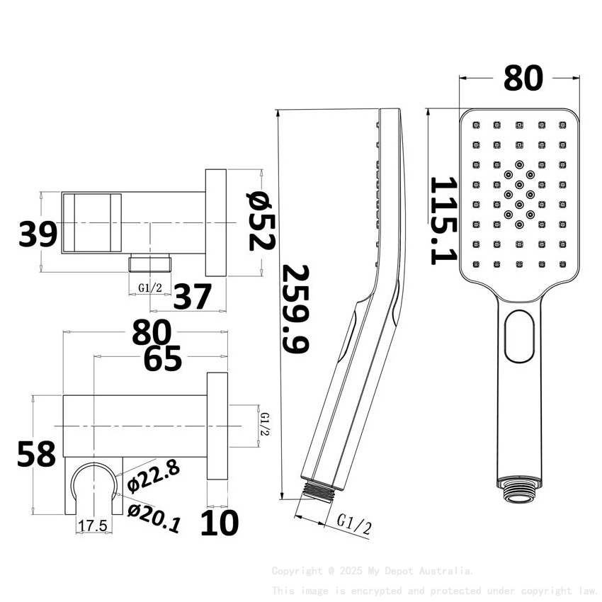 Eden Square Hand Shower On Wall Outlet Bracket Brushed Gold