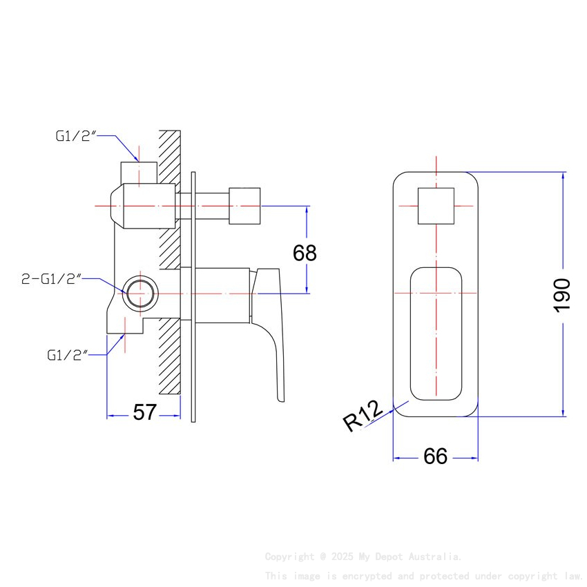 Eden  Round Cornered Rectangle Handle Wall Mixer with  Diverter Brushed Nickel 