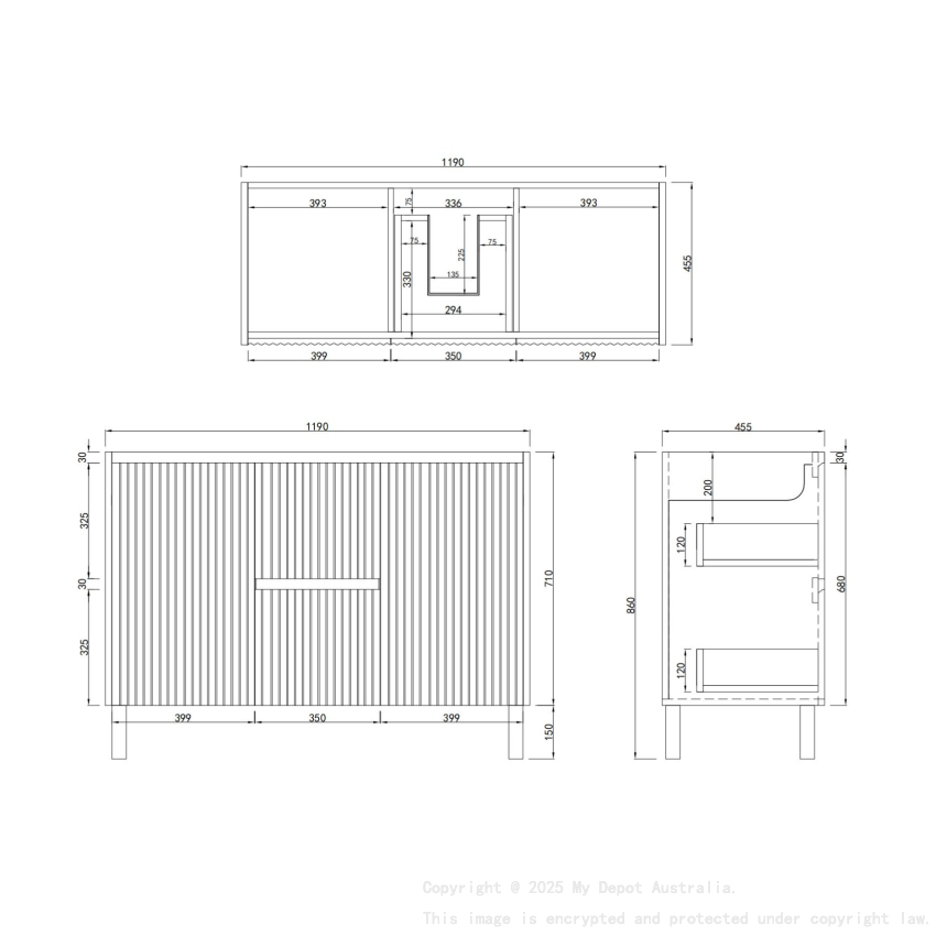 1200mm Brio Fluted Design PVC Matte White Freestanding Elegant Wave-Like Bathroom Vanity Cabinet Only
