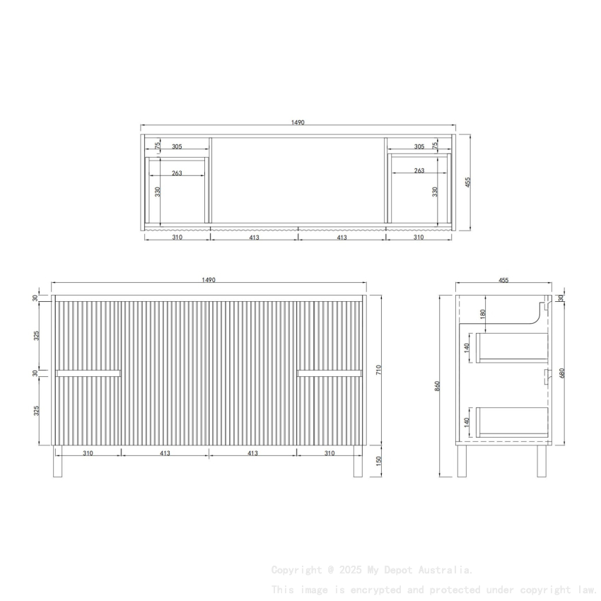 1500mm Brio Matte Black 2PAC Coating PVC Freestanding Elegant Wave-Like Fluted Design Bathroom Vanity Cabinet Only