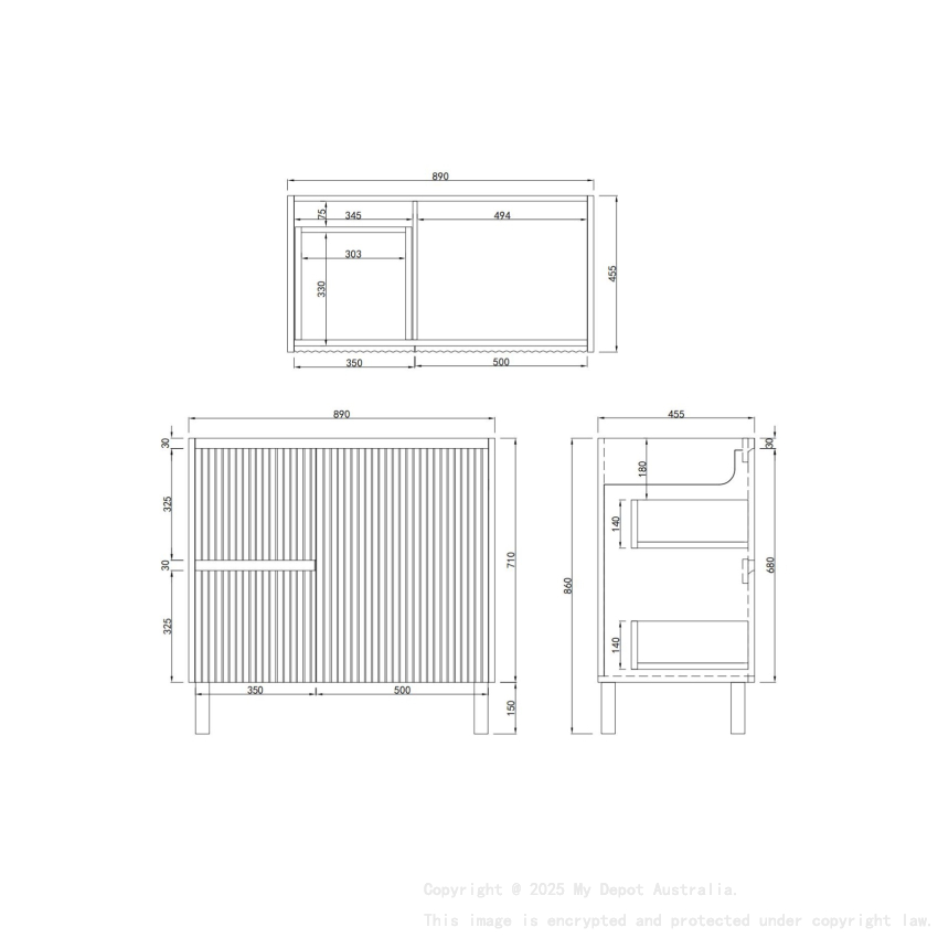 900mm Brio Matte White 2PAC Coating PVC Freestanding Elegant Wave-Like Fluted Design Bathroom Vanity Cabinet Only