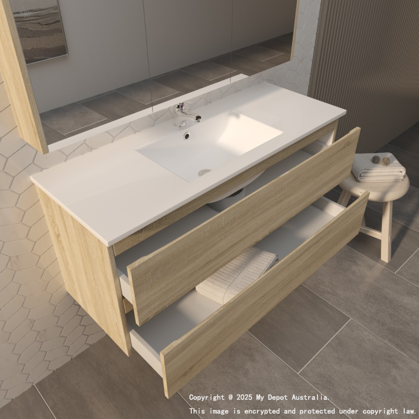 1200mm White Oak MDF Bathroom Vanity 2 Drawers Wall Hung Cabinet Only 