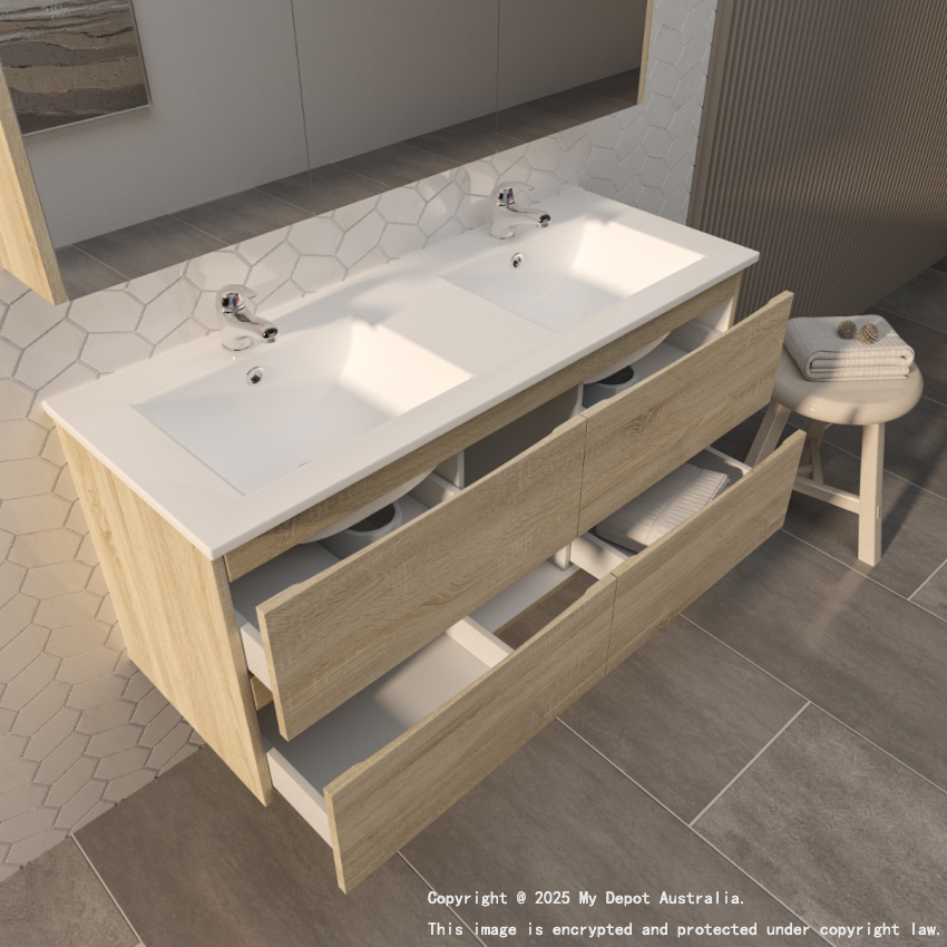 1200mm White Oak MDF Bathroom Vanity 4 Drawers Wall Hung Cabinet Only 