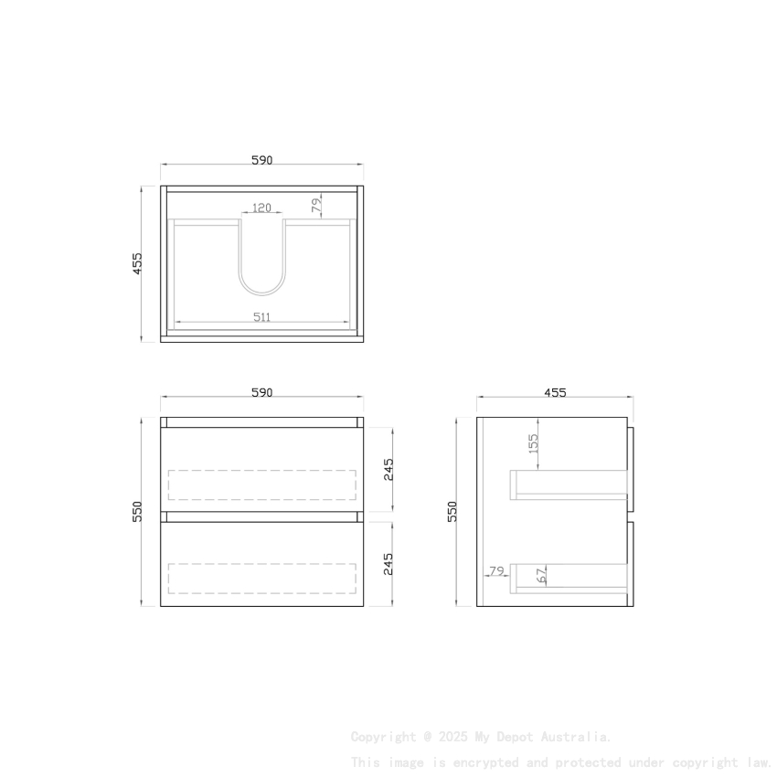 600mm Dark Grey MDF Bathroom Vanity 2 Drawers Wall Hung Cabinet Only 