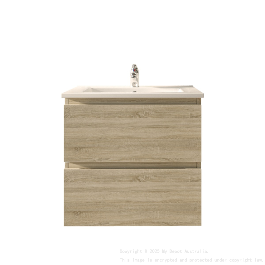 600mm White Oak MDF Bathroom Vanity 2 Drawers Wall Hung Cabinet Only 