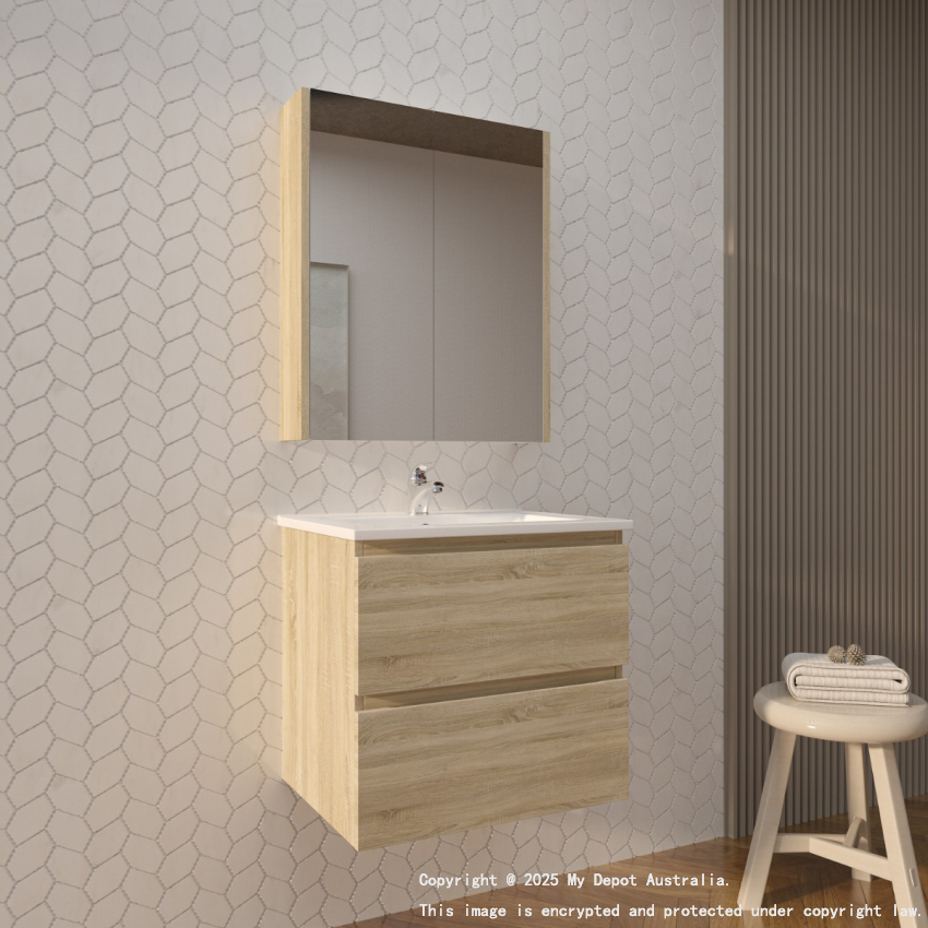 600mm White Oak MDF Bathroom Vanity 2 Drawers Wall Hung Cabinet Only 