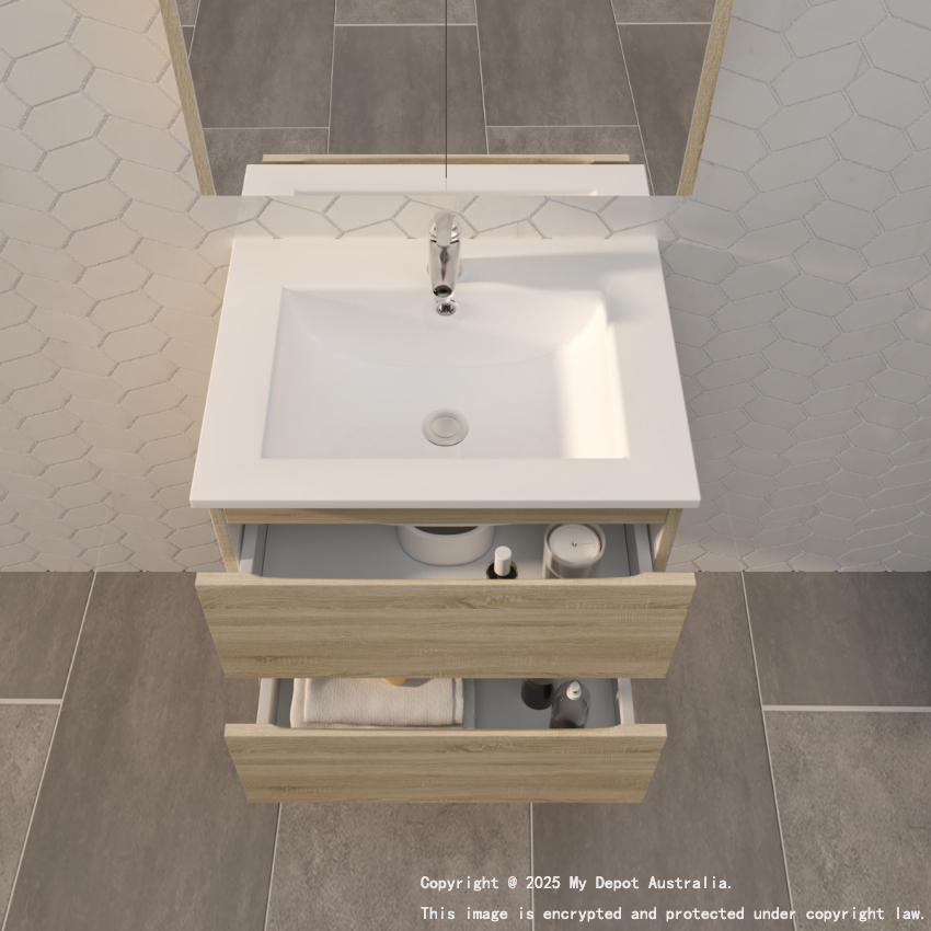 600mm White Oak MDF Bathroom Vanity 2 Drawers Wall Hung Cabinet Only 