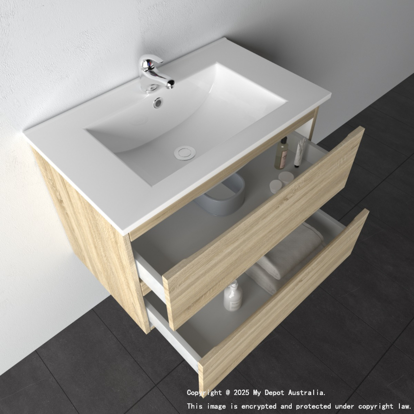 750mm White Oak MDF Bathroom Vanity 2 Drawers Wall Hung Cabinet Only 
