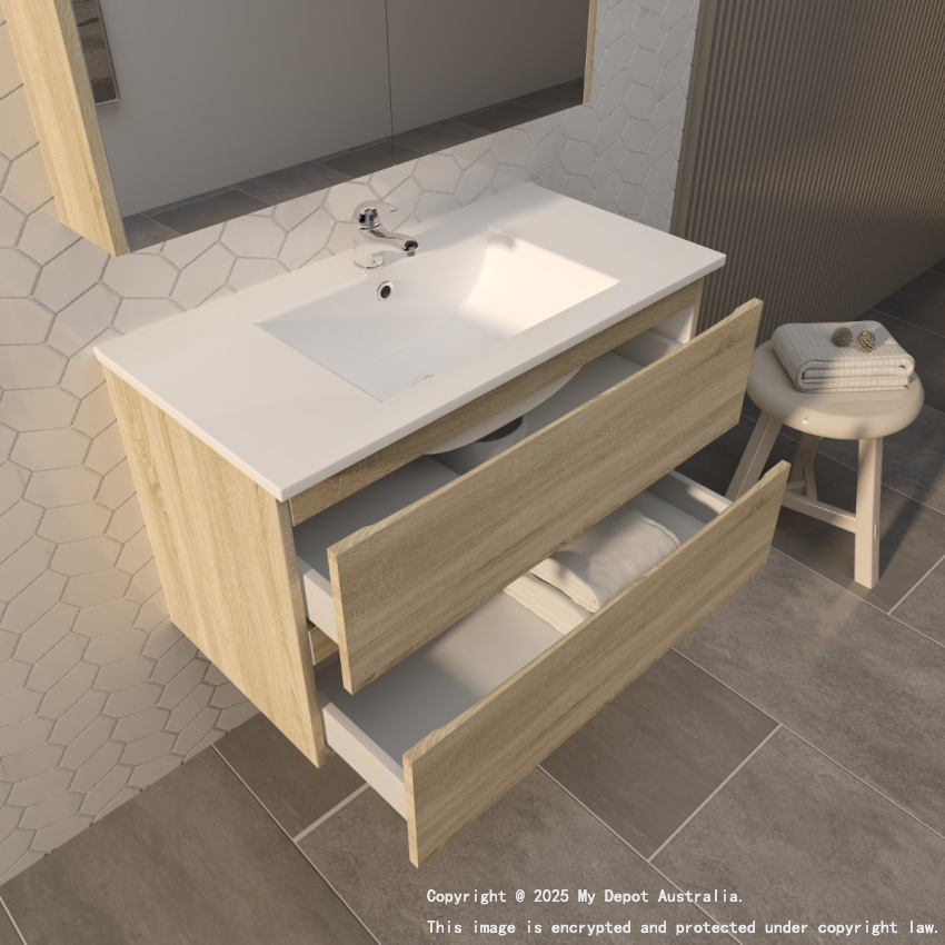 900mm White Oak MDF Bathroom Vanity 2 Drawers Wall Hung Cabinet Only 