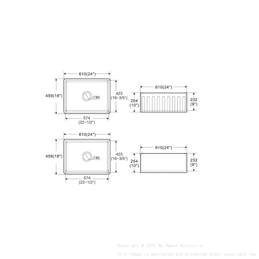 Size:610*459*254mm Bowl Size:574*423*232mm Matte Black Rocca Fine Fireclay Farm House Buttler Sink Single Bowl Grid And Waste Included