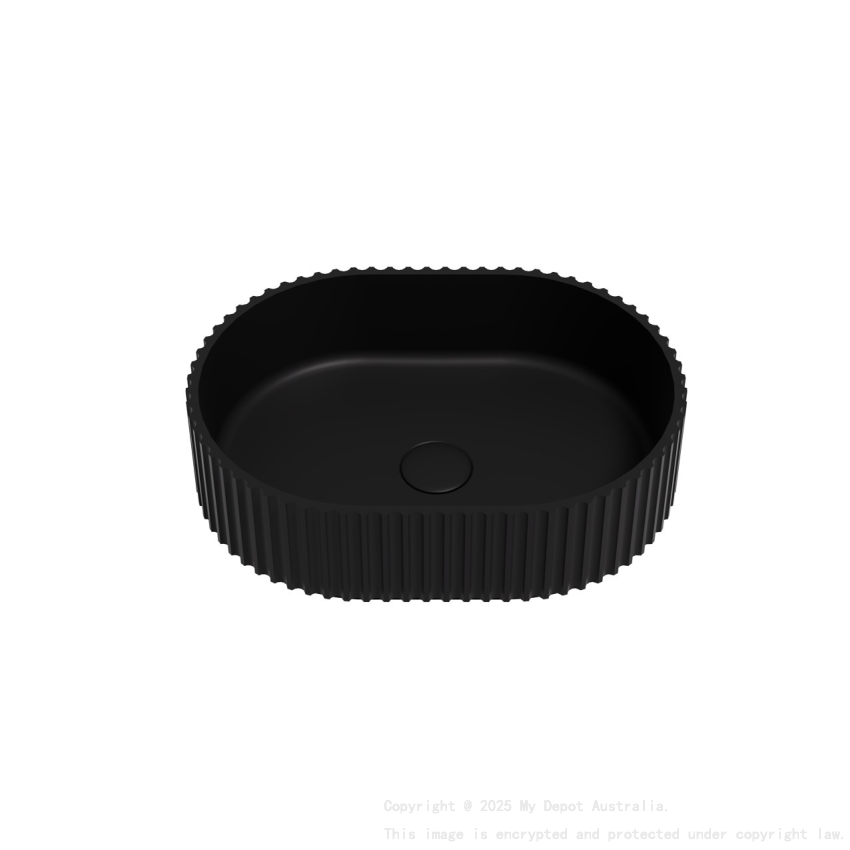 480*345*140mm Matte Black Ellips Fluted Solid Surface Above Counter Basin 32mm Waste
