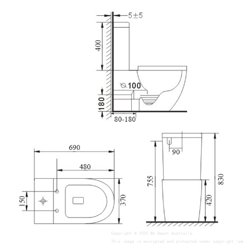 Two piece toilet Rimless flush