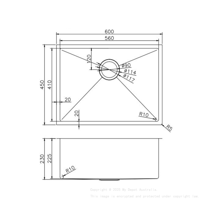 304 Stainless Steel Brushed Gold PVD Coating Single Bowl Kitchen Sink(Round Edges,with Bottom Tray)600*450*230mm