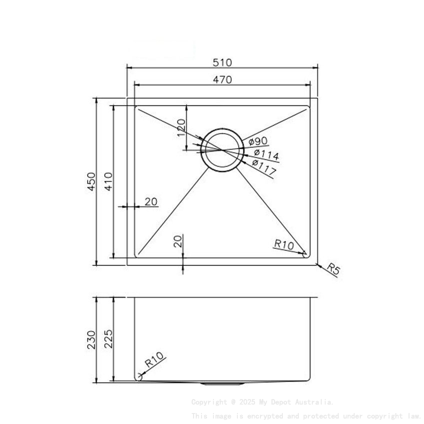 304 Stainless Steel Brushed Gold PVD Coating Single Bowl Kitchen Sink(Round Edges,with Bottom Tray)510*450*230mm