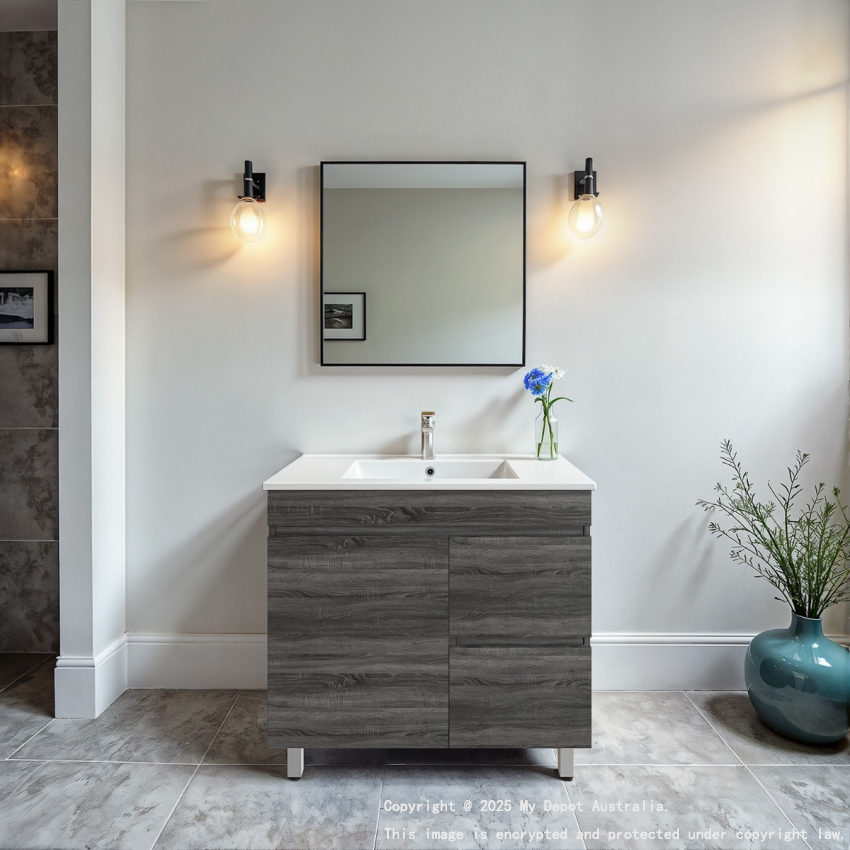 900mm Dark Grey MDF Bathroom Vanity Right Drawers Free Standing Cabinet Only