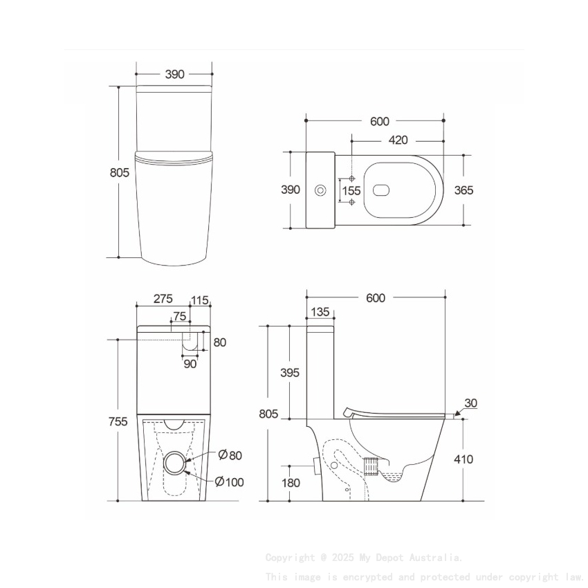 600*390*805mm Rocca Tornado Rimless Toilet Suite