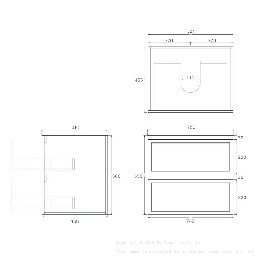 740*455*560mm Matte Black Hamilton Federation Wall Hung PVC Cabinet Two Drawers