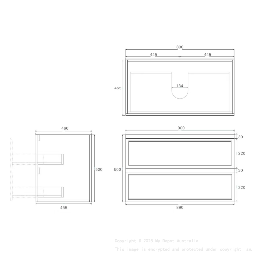 890*455*560mm Matte White Hamilton Federation Wall Hung PVC Cabinet Two Drawers