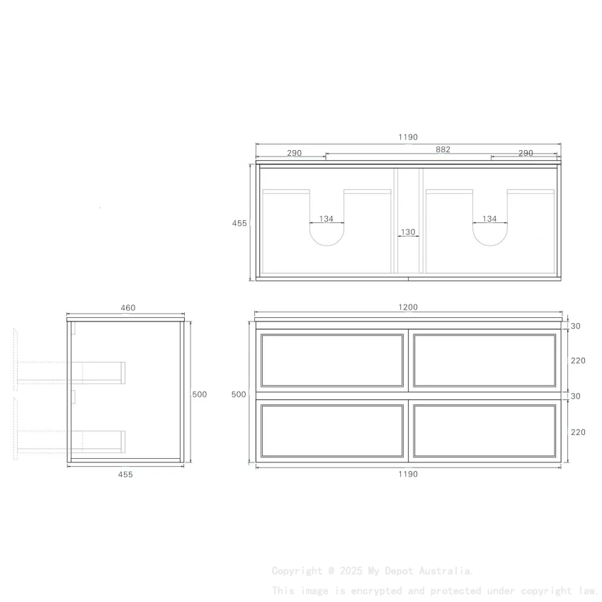 1190*455*560mm Matte White Hamilton Federation Wall Hung PVC Cabinet For Double