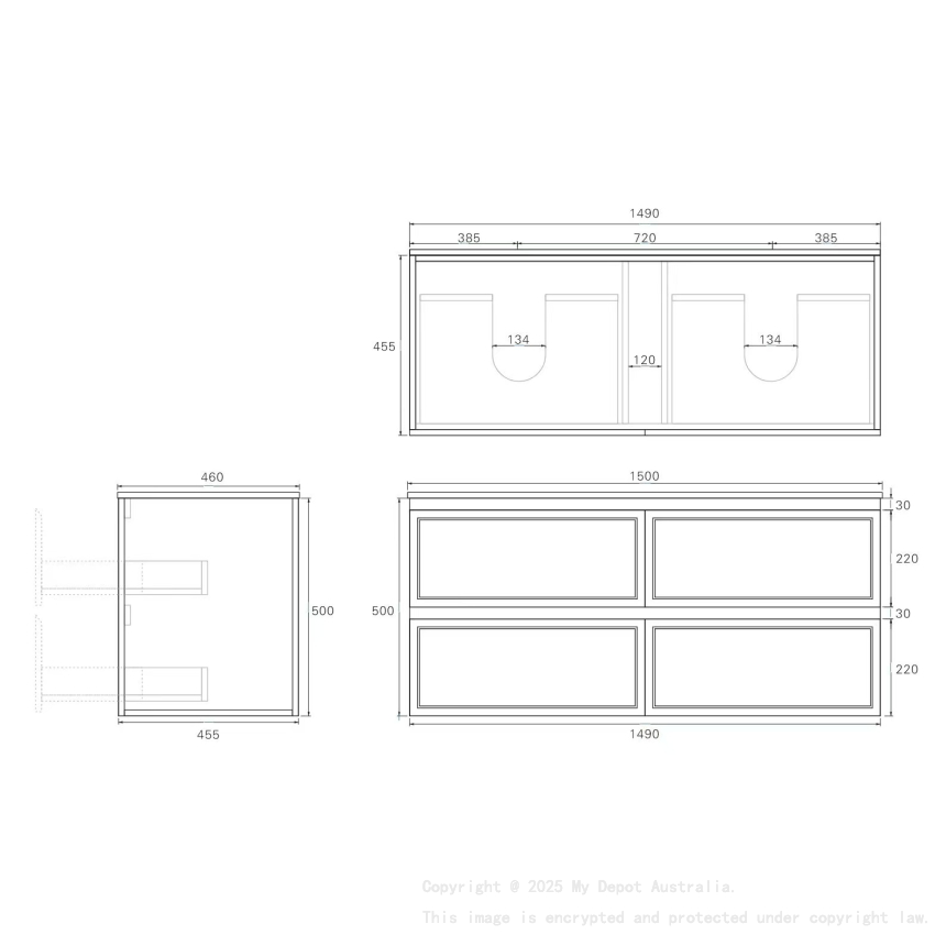 1490*455*560mm Matte Black Hamilton Federation Wall Hung PVC Cabinet For Double Bowl