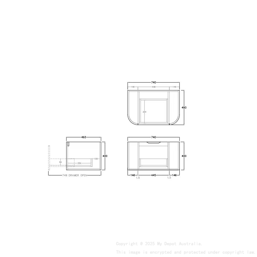 740*493*400mm Costal Oak Agena Fluted Wood Grain Wall Hung Vanities Soft Closing Drawer Pull Out With Handle